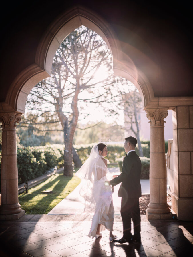 Bride and groom looking at each other