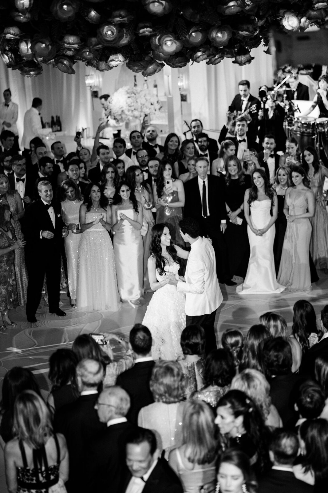 black and white dance photo of bride and groom