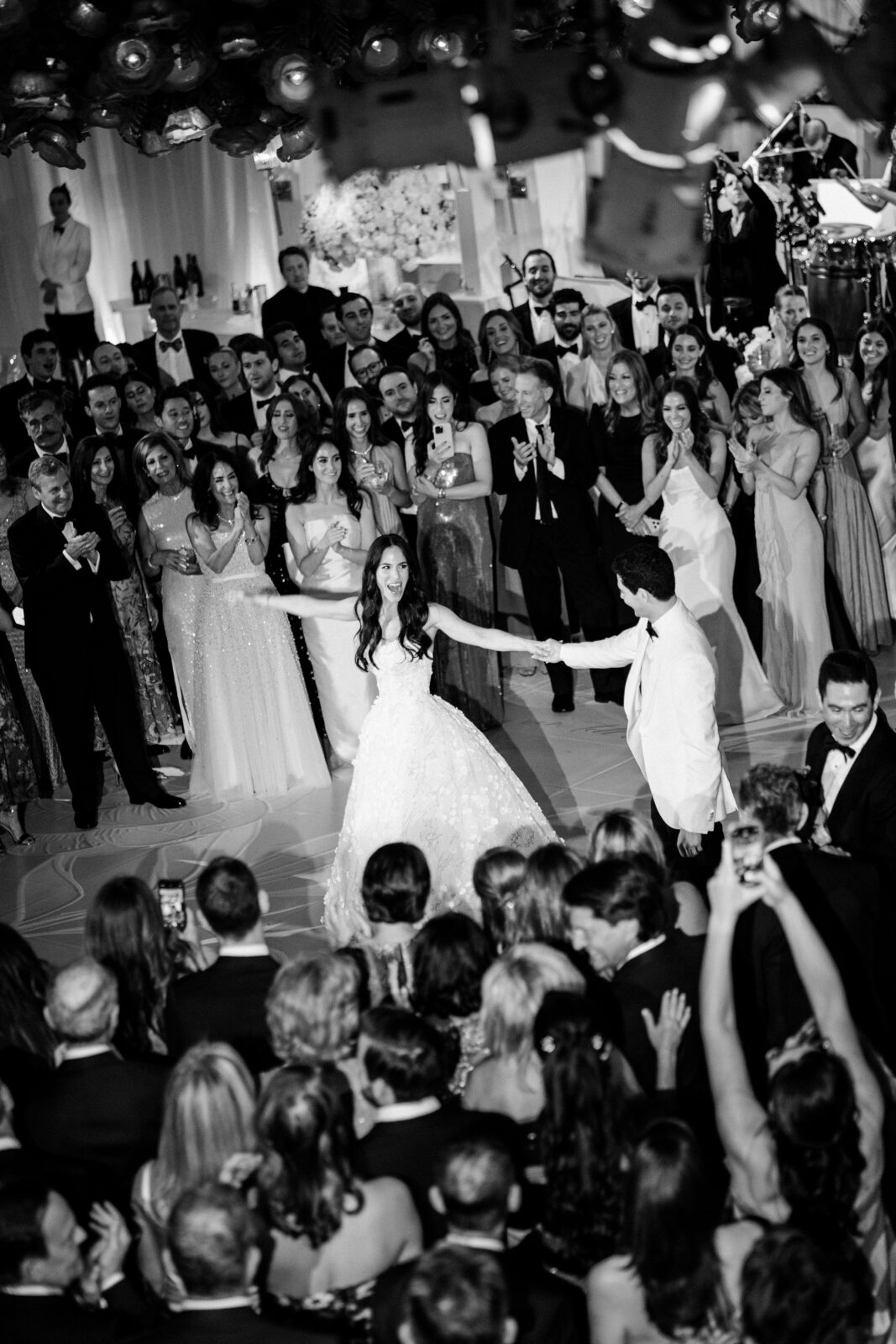 black and white final dance photo of bride and groom