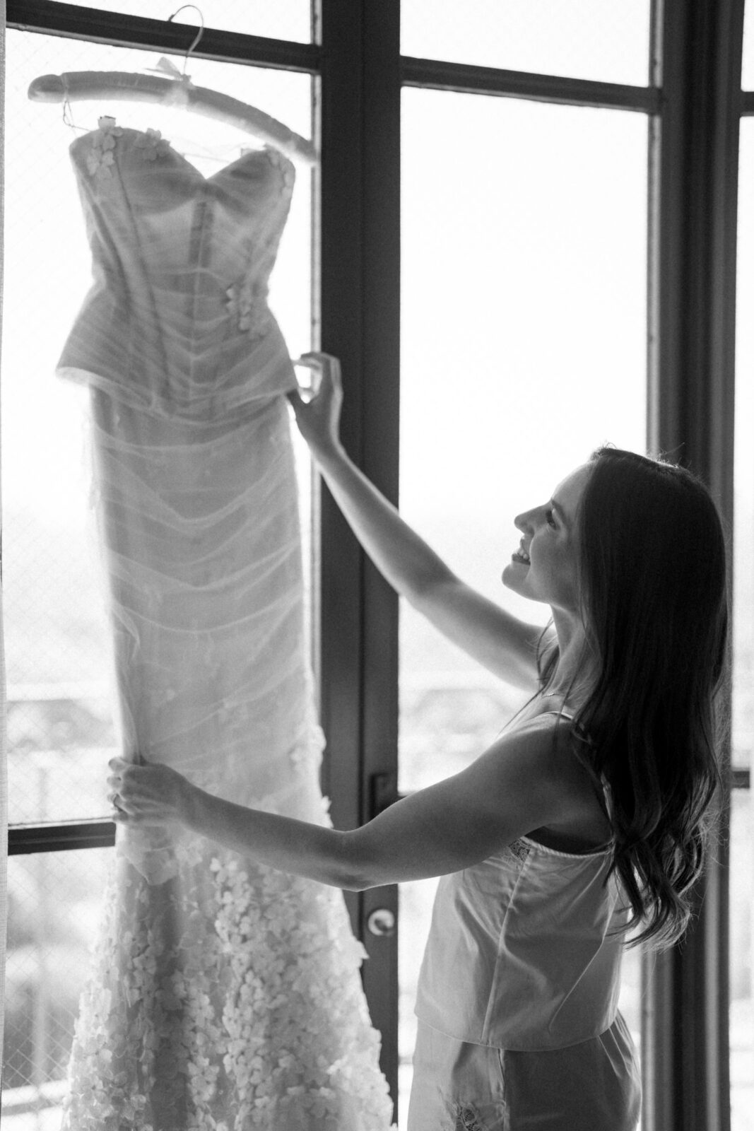 bride checking the gown