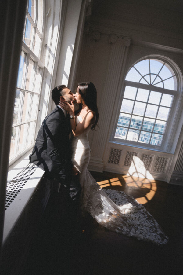 bride and groom looking at each other