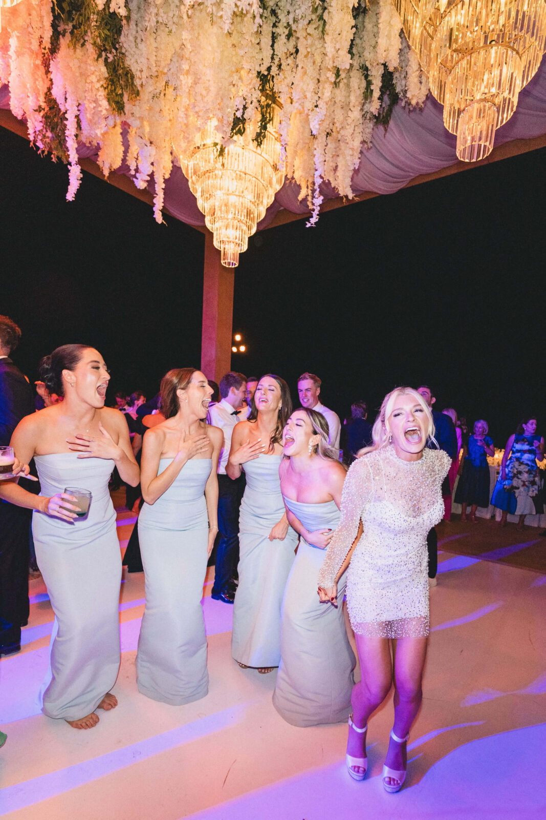 wife happily partying with bridesmaids