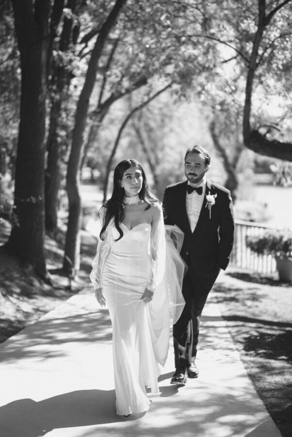 bride and groom in monochromatic photo