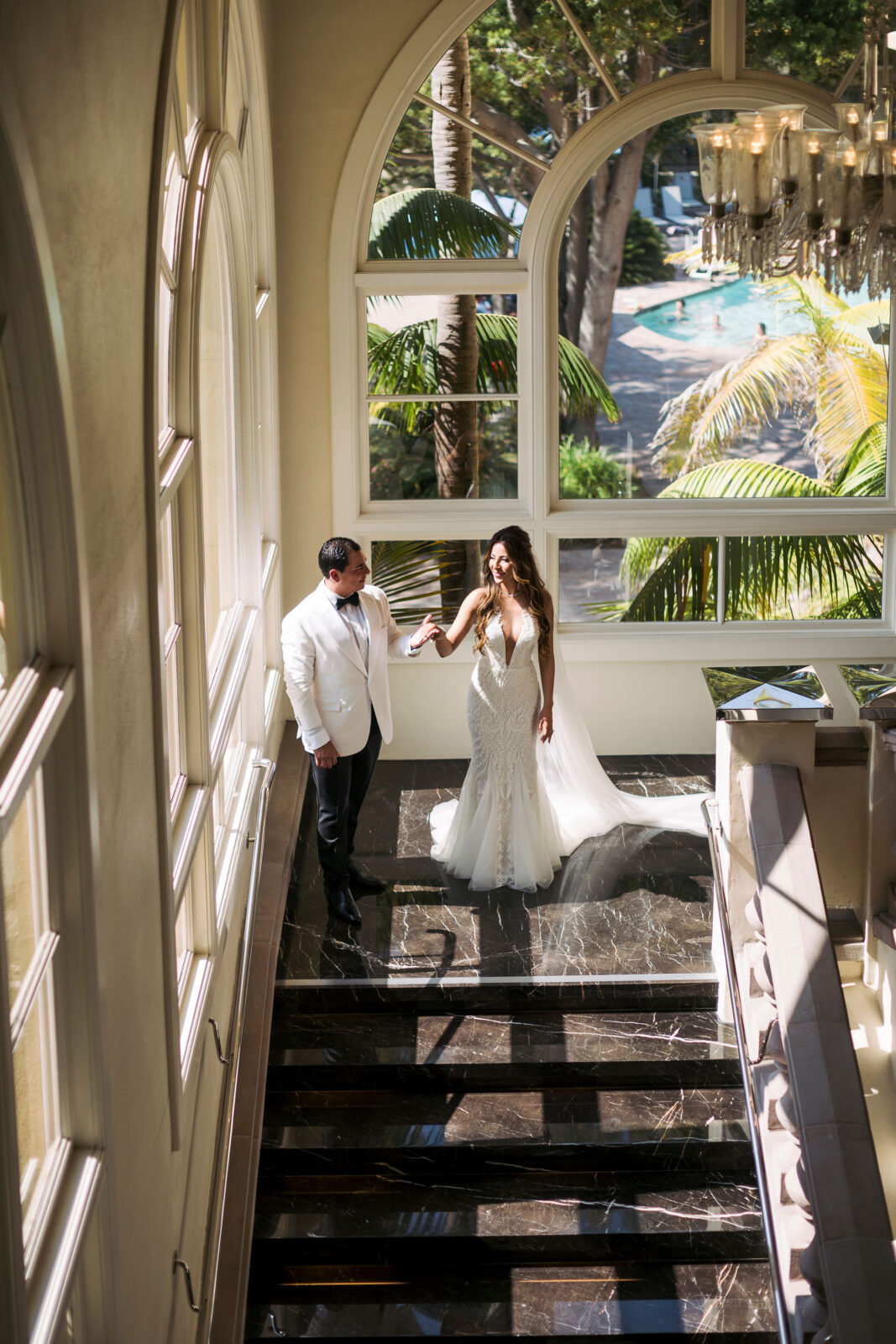 bride and groom looking at each other 