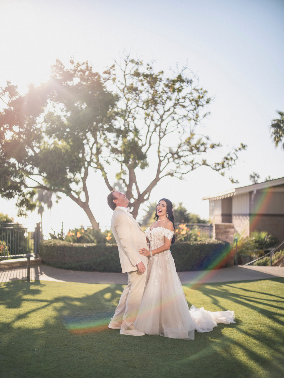 Bride and groom laughing