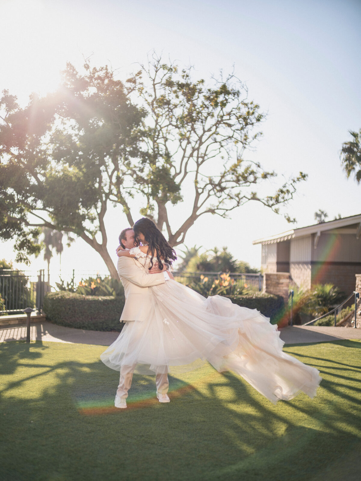 Bride and groom laughing